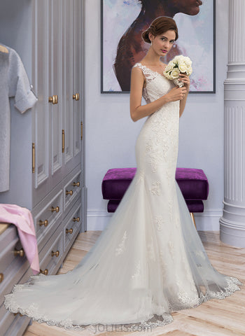 Mckinley Trumpet/Mermaid V-neck Court Train Tulle Wedding Dress UKP0013758