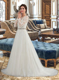 Crystal Ball-Gown/Princess Scoop Neck Sweep Train Tulle Wedding Dress UKP0013759