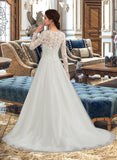 Crystal Ball-Gown/Princess Scoop Neck Sweep Train Tulle Wedding Dress UKP0013759