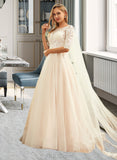 Liliana Ball-Gown/Princess Scoop Neck Sweep Train Tulle Lace Wedding Dress UKP0013760