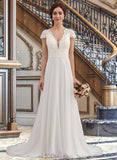 Brynlee A-Line V-neck Sweep Train Chiffon Wedding Dress With Ruffle UKP0013761