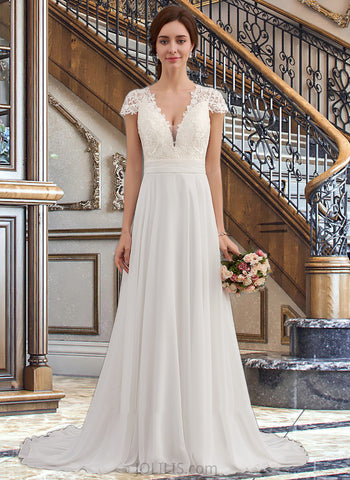 Brynlee A-Line V-neck Sweep Train Chiffon Wedding Dress With Ruffle UKP0013761