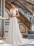 Brynlee A-Line V-neck Sweep Train Chiffon Wedding Dress With Ruffle UKP0013761