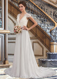 Brynlee A-Line V-neck Sweep Train Chiffon Wedding Dress With Ruffle UKP0013761