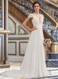 Brynlee A-Line V-neck Sweep Train Chiffon Wedding Dress With Ruffle UKP0013761