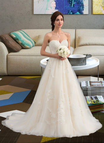 Nola Ball-Gown/Princess Sweetheart Court Train Tulle Wedding Dress With Ruffle Beading UKP0013766