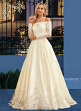 Emely Ball-Gown/Princess Sweep Train Satin Wedding Dress With Beading Sequins UKP0013768