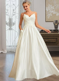 Sydnee Ball-Gown/Princess V-neck Sweep Train Satin Lace Wedding Dress With Lace Beading Sequins Pockets UKP0013771