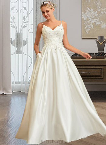 Sydnee Ball-Gown/Princess V-neck Sweep Train Satin Lace Wedding Dress With Lace Beading Sequins Pockets UKP0013771