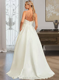 Sydnee Ball-Gown/Princess V-neck Sweep Train Satin Lace Wedding Dress With Lace Beading Sequins Pockets UKP0013771