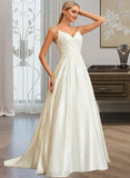 Sydnee Ball-Gown/Princess V-neck Sweep Train Satin Lace Wedding Dress With Lace Beading Sequins Pockets UKP0013771