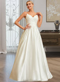 Sydnee Ball-Gown/Princess V-neck Sweep Train Satin Lace Wedding Dress With Lace Beading Sequins Pockets UKP0013771