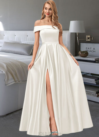 Joslyn Ball-Gown/Princess Off-the-Shoulder Floor-Length Satin Wedding Dress With Split Front Pockets UKP0013774