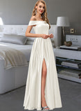 Joslyn Ball-Gown/Princess Off-the-Shoulder Floor-Length Satin Wedding Dress With Split Front Pockets UKP0013774