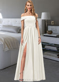 Joslyn Ball-Gown/Princess Off-the-Shoulder Floor-Length Satin Wedding Dress With Split Front Pockets UKP0013774