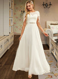 Lucile A-Line Scoop Neck Floor-Length Chiffon Lace Wedding Dress With Sequins UKP0013775