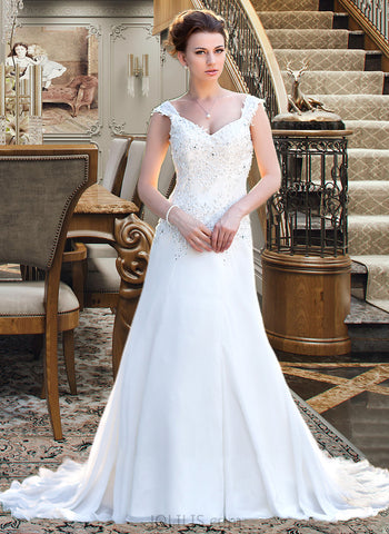 Cadence A-Line V-neck Court Train Chiffon Wedding Dress With Lace Beading Sequins UKP0013776