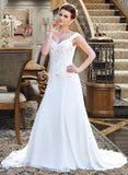 Cadence A-Line V-neck Court Train Chiffon Wedding Dress With Lace Beading Sequins UKP0013776