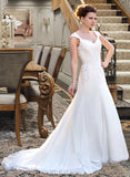 Cadence A-Line V-neck Court Train Chiffon Wedding Dress With Lace Beading Sequins UKP0013776