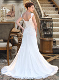 Cadence A-Line V-neck Court Train Chiffon Wedding Dress With Lace Beading Sequins UKP0013776