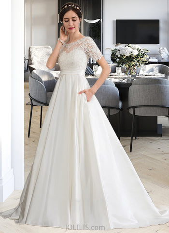 Elva Ball-Gown/Princess Scoop Neck Court Train Satin Wedding Dress With Beading Sequins Pockets UKP0013777