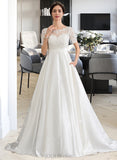 Elva Ball-Gown/Princess Scoop Neck Court Train Satin Wedding Dress With Beading Sequins Pockets UKP0013777