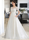 Elva Ball-Gown/Princess Scoop Neck Court Train Satin Wedding Dress With Beading Sequins Pockets UKP0013777