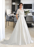 Elva Ball-Gown/Princess Scoop Neck Court Train Satin Wedding Dress With Beading Sequins Pockets UKP0013777