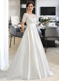 Elva Ball-Gown/Princess Scoop Neck Court Train Satin Wedding Dress With Beading Sequins Pockets UKP0013777