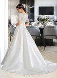 Elva Ball-Gown/Princess Scoop Neck Court Train Satin Wedding Dress With Beading Sequins Pockets UKP0013777