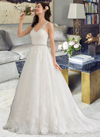 Keely Ball-Gown/Princess V-neck Court Train Tulle Wedding Dress With Beading Sequins UKP0013779