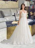 Keely Ball-Gown/Princess V-neck Court Train Tulle Wedding Dress With Beading Sequins UKP0013779