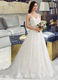 Keely Ball-Gown/Princess V-neck Court Train Tulle Wedding Dress With Beading Sequins UKP0013779