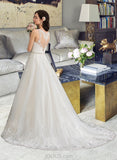 Keely Ball-Gown/Princess V-neck Court Train Tulle Wedding Dress With Beading Sequins UKP0013779