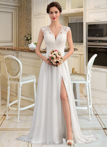 Livia A-Line V-neck Sweep Train Chiffon Wedding Dress With Split Front UKP0013782