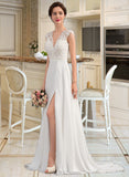 Livia A-Line V-neck Sweep Train Chiffon Wedding Dress With Split Front UKP0013782