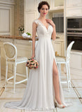 Livia A-Line V-neck Sweep Train Chiffon Wedding Dress With Split Front UKP0013782