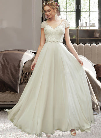 Ali A-Line V-neck Floor-Length Wedding Dress With Lace Beading Sequins UKP0013784