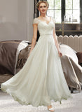 Ali A-Line V-neck Floor-Length Wedding Dress With Lace Beading Sequins UKP0013784