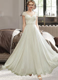 Ali A-Line V-neck Floor-Length Wedding Dress With Lace Beading Sequins UKP0013784