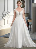 Aria A-Line V-neck Sweep Train Chiffon Wedding Dress With Beading Sequins UKP0013792