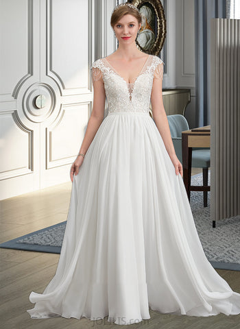 Aria A-Line V-neck Sweep Train Chiffon Wedding Dress With Beading Sequins UKP0013792