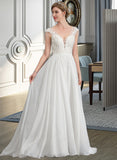 Aria A-Line V-neck Sweep Train Chiffon Wedding Dress With Beading Sequins UKP0013792