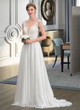 Aria A-Line V-neck Sweep Train Chiffon Wedding Dress With Beading Sequins UKP0013792