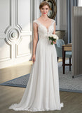 Aria A-Line V-neck Sweep Train Chiffon Wedding Dress With Beading Sequins UKP0013792