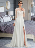 Geraldine A-Line Illusion Sweep Train Chiffon Wedding Dress With Appliques Lace Split Front UKP0013793