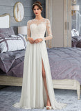 Geraldine A-Line Illusion Sweep Train Chiffon Wedding Dress With Appliques Lace Split Front UKP0013793