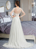 Geraldine A-Line Illusion Sweep Train Chiffon Wedding Dress With Appliques Lace Split Front UKP0013793