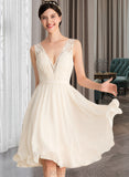 Jewel A-Line V-neck Knee-Length Chiffon Lace Wedding Dress With Ruffle UKP0013794