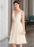 Jewel A-Line V-neck Knee-Length Chiffon Lace Wedding Dress With Ruffle UKP0013794